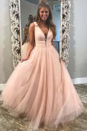 A-Line Deep V-Neck Sweep Train Pink Tulle Backless Prom Dress with Beading PG878