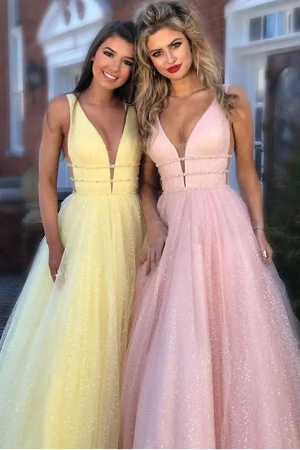 A-Line Deep V-Neck Sweep Train Pink Tulle Backless Prom Dress with Beading PG878