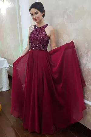 A-line Long Chiffon Formal Evening Halter Beaded Prom Dresses   PG968