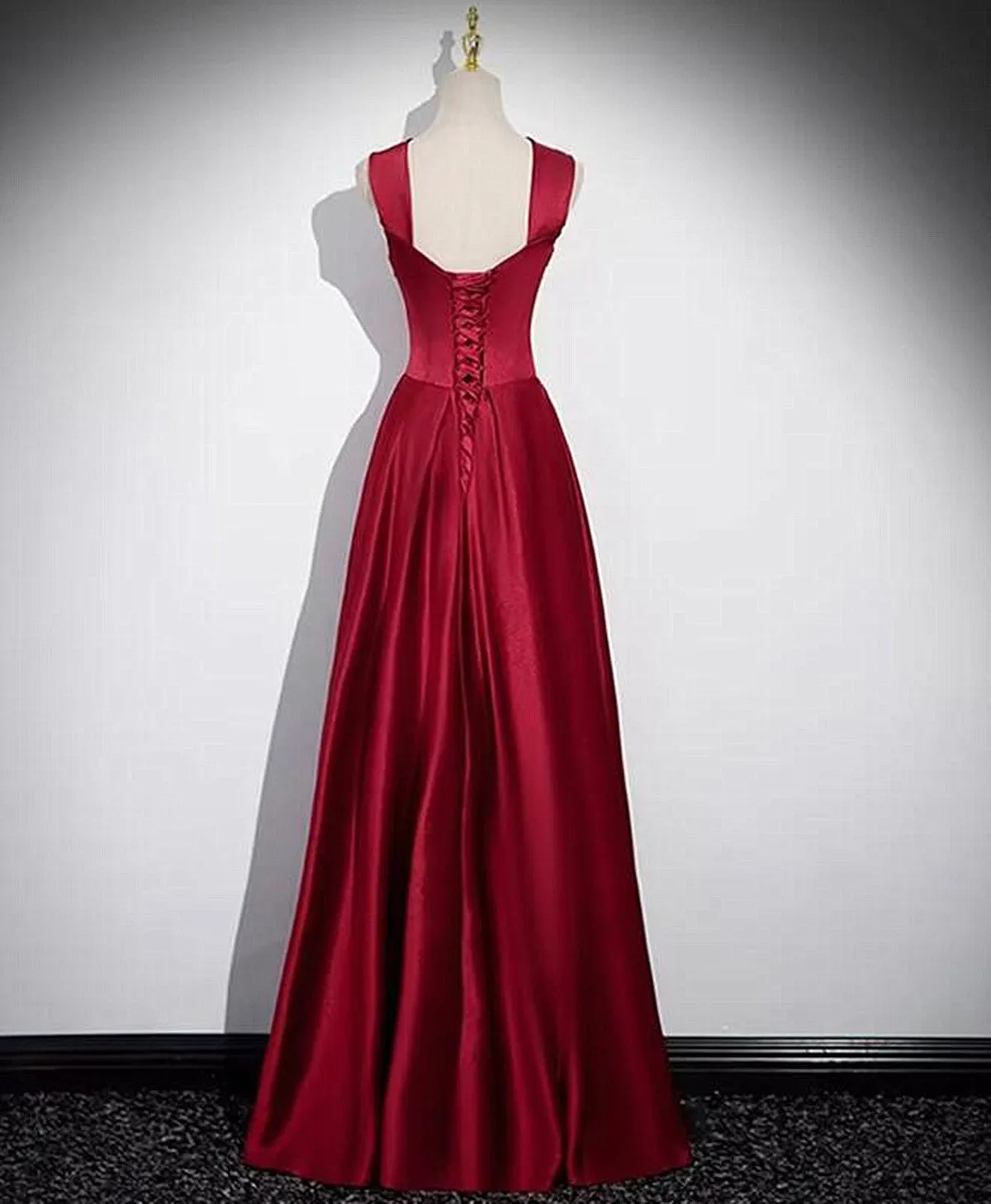 A-Line Sleeveless Wine Red Satin Evening Dress Wine Red Long Prom Dress