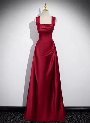 A-Line Sleeveless Wine Red Satin Evening Dress Wine Red Long Prom Dress