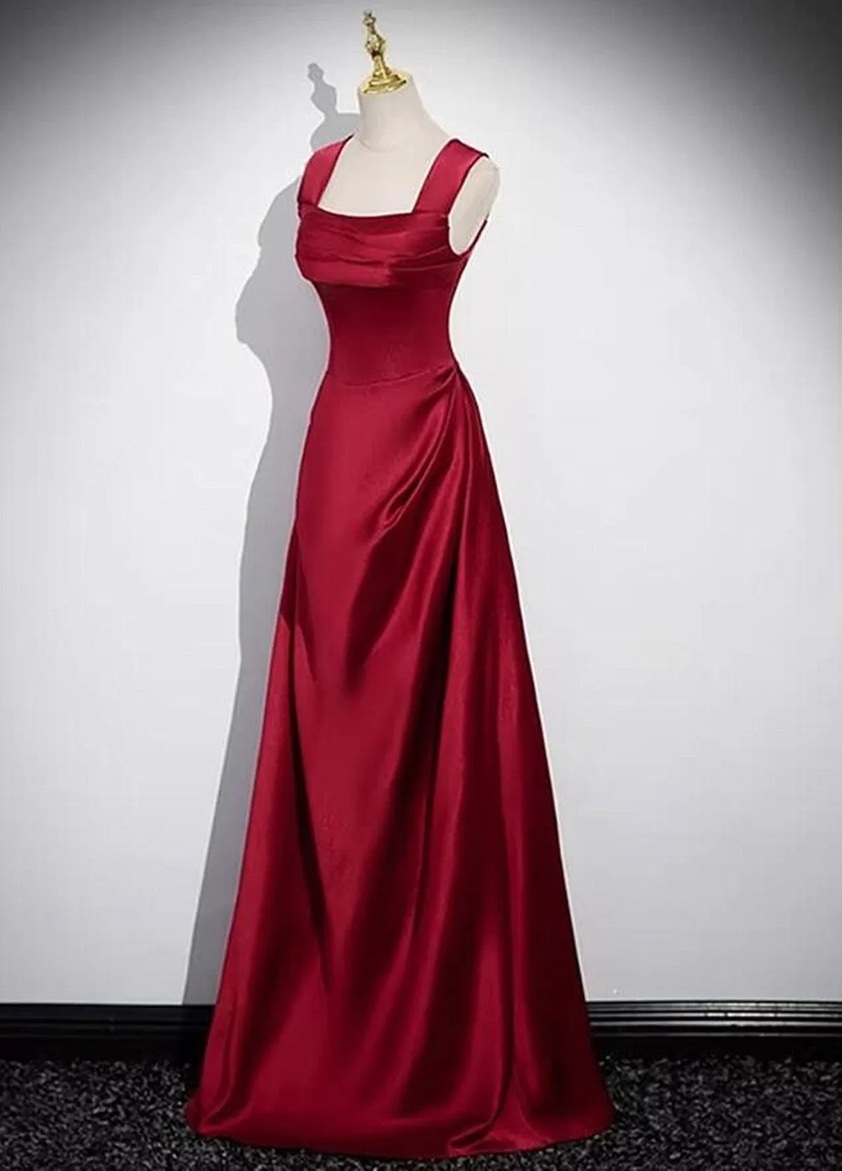 A-Line Sleeveless Wine Red Satin Evening Dress Wine Red Long Prom Dress