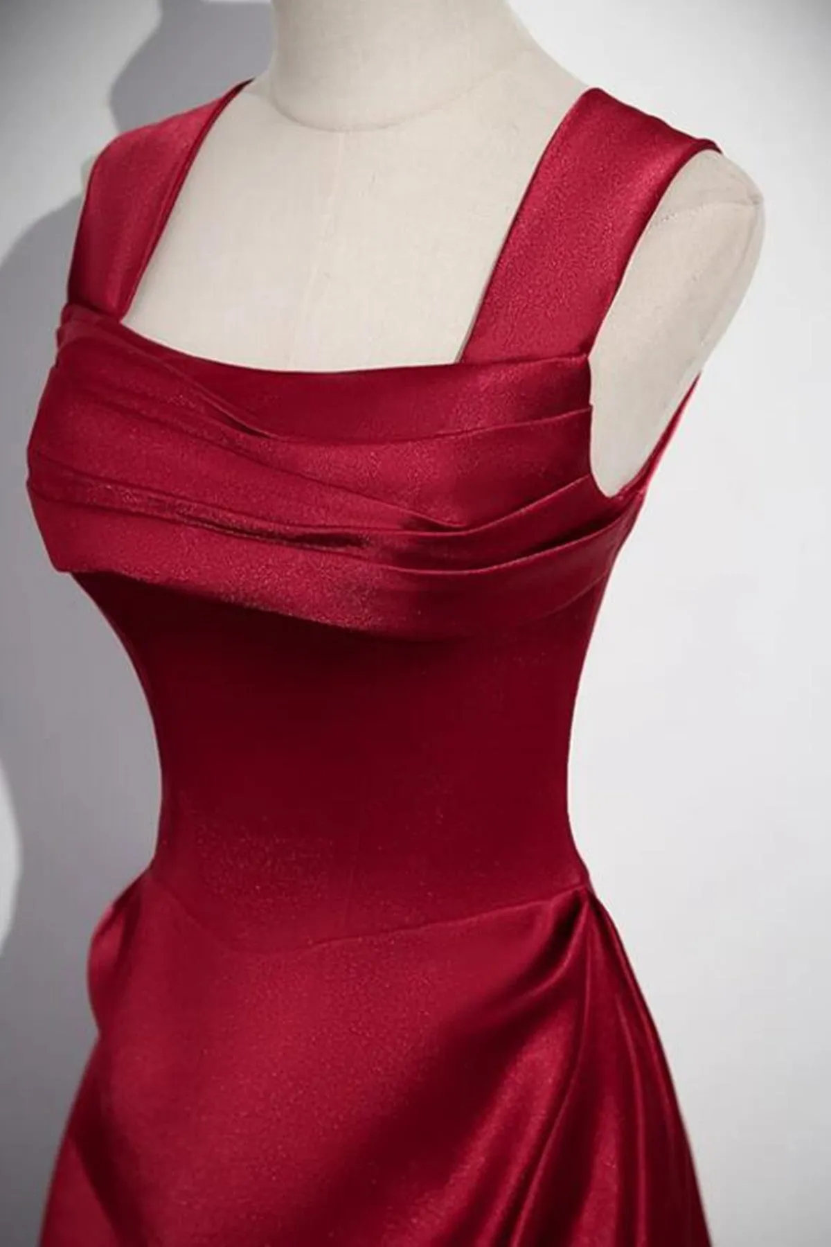 A-Line Sleeveless Wine Red Satin Evening Dress Wine Red Long Prom Dress