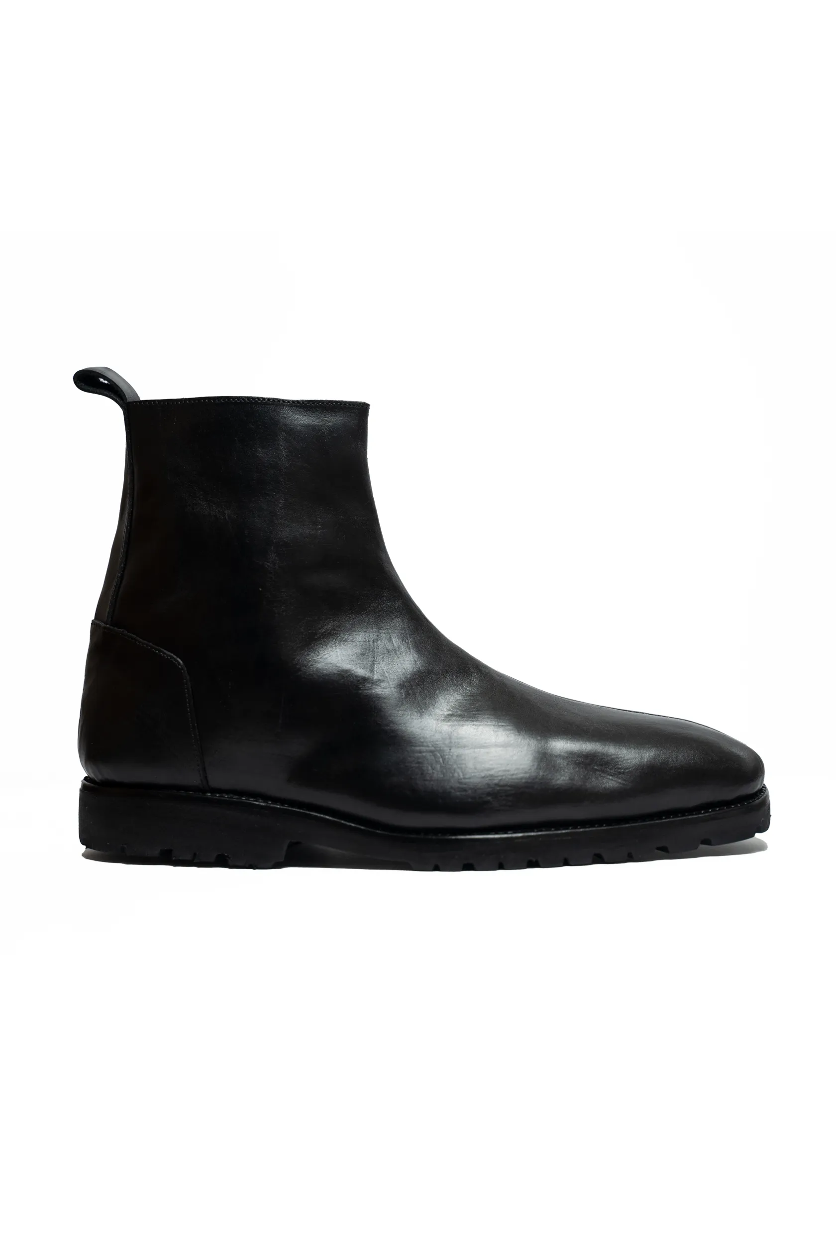 Ajadi Biker Boots in Black Leather with Side Zipper and Lug Rubber Soles