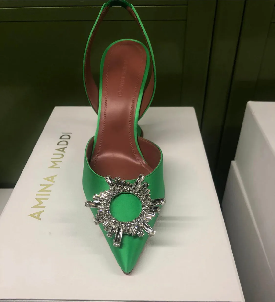 Amina Muaddi Begum Crystal Satin Green Slingback Pumps