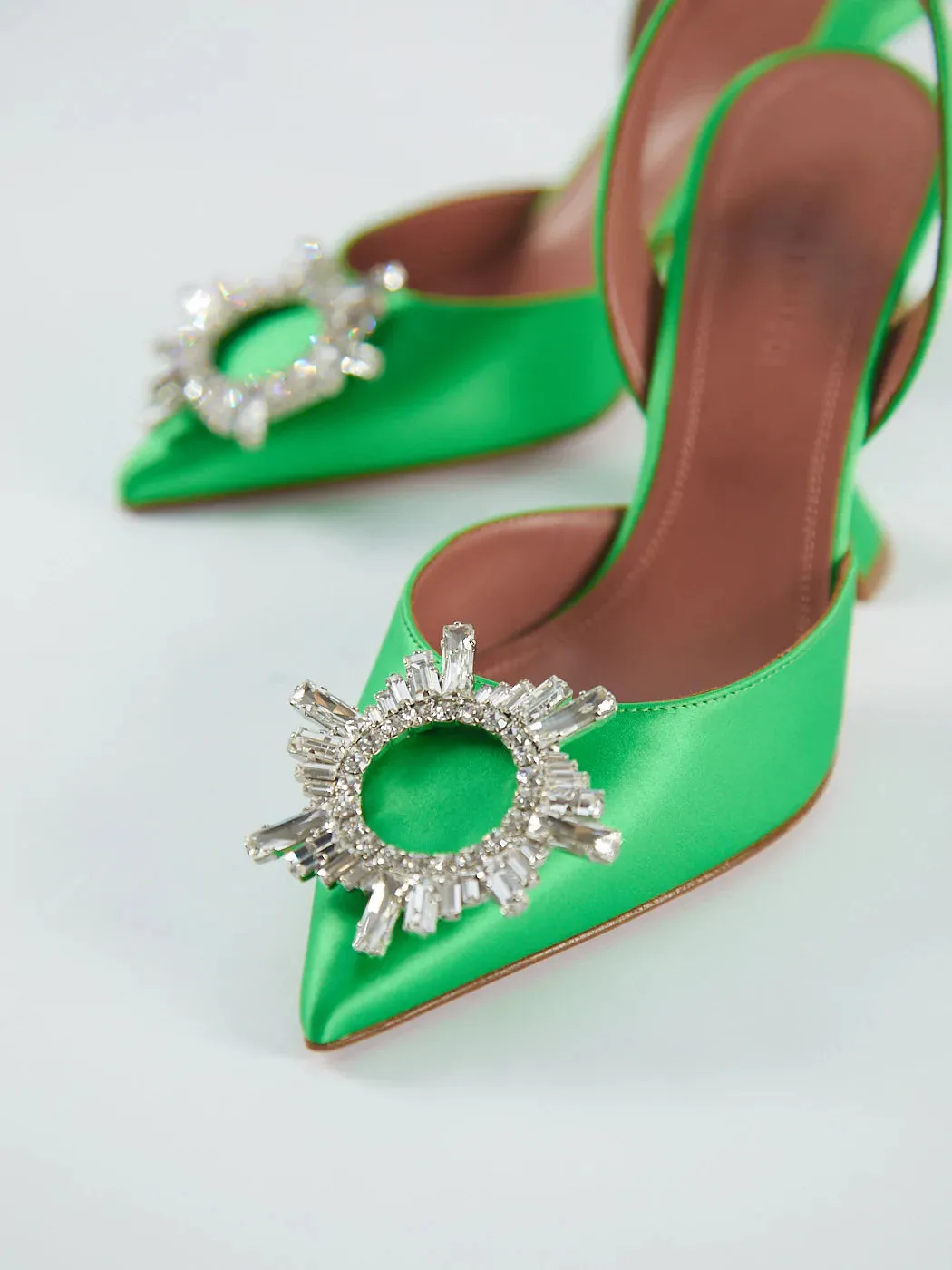 Amina Muaddi Begum Crystal Satin Green Slingback Pumps