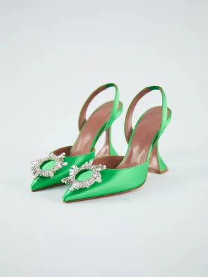 Amina Muaddi Begum Crystal Satin Green Slingback Pumps