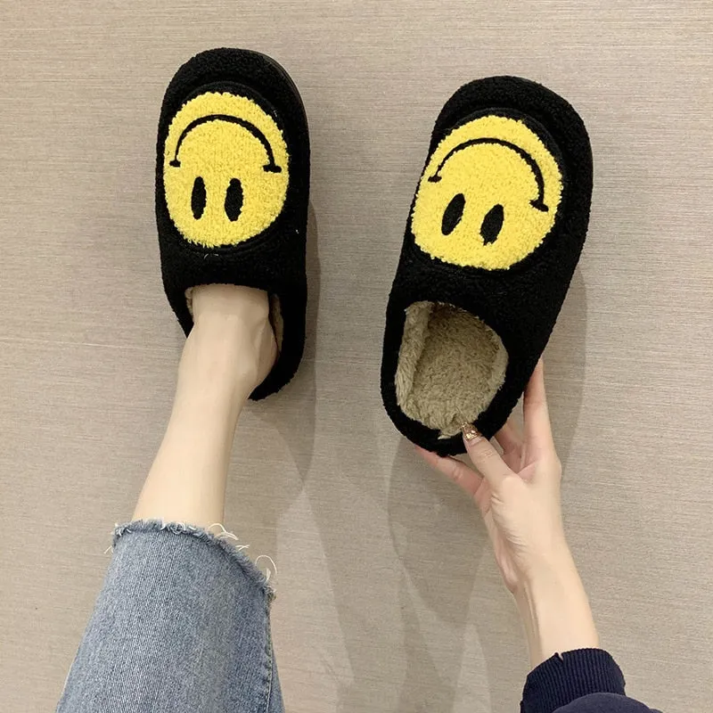 Amozae-- 2024 Blue Smiley Slippers Women Smile Slippers Happy Face Slippers Retro Smiley Face Soft Plush Warm Fuzzy Slippers for Men