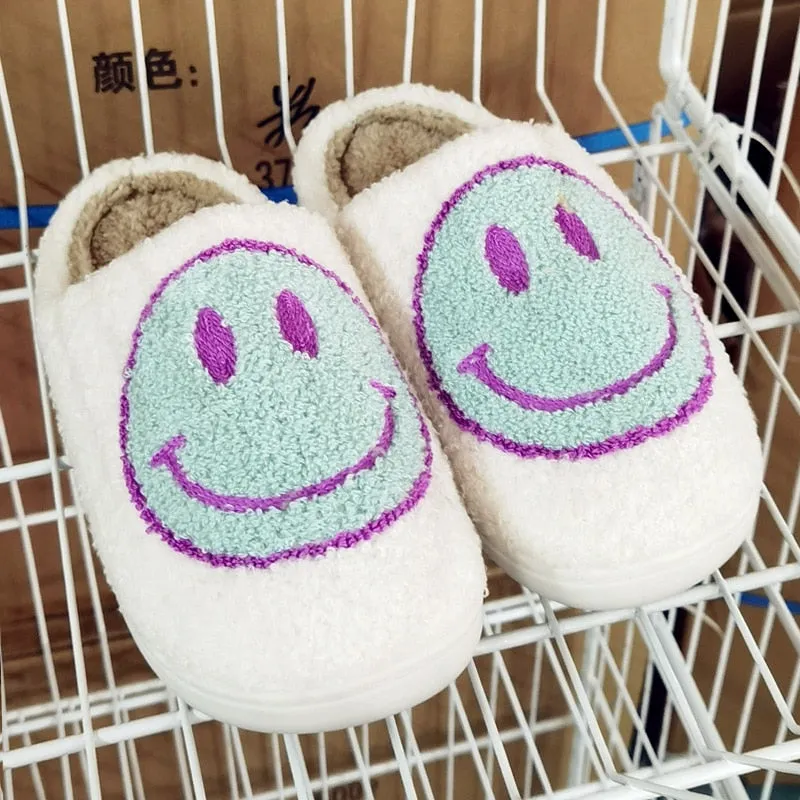 Amozae-- 2024 Blue Smiley Slippers Women Smile Slippers Happy Face Slippers Retro Smiley Face Soft Plush Warm Fuzzy Slippers for Men