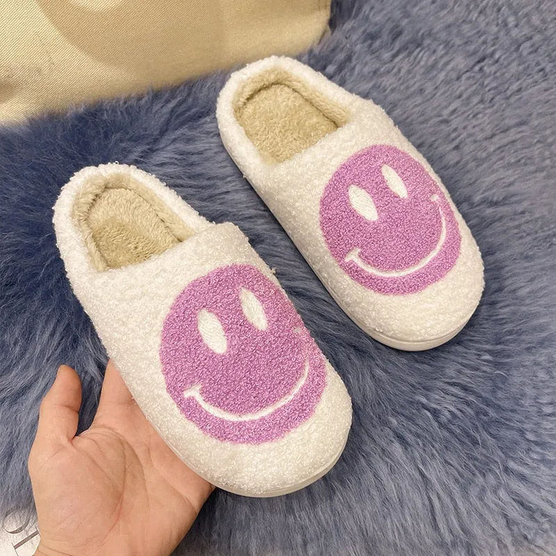 Amozae-- 2024 Blue Smiley Slippers Women Smile Slippers Happy Face Slippers Retro Smiley Face Soft Plush Warm Fuzzy Slippers for Men