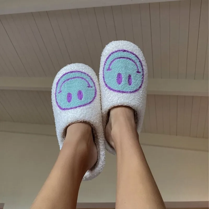 Amozae-- 2024 Blue Smiley Slippers Women Smile Slippers Happy Face Slippers Retro Smiley Face Soft Plush Warm Fuzzy Slippers for Men