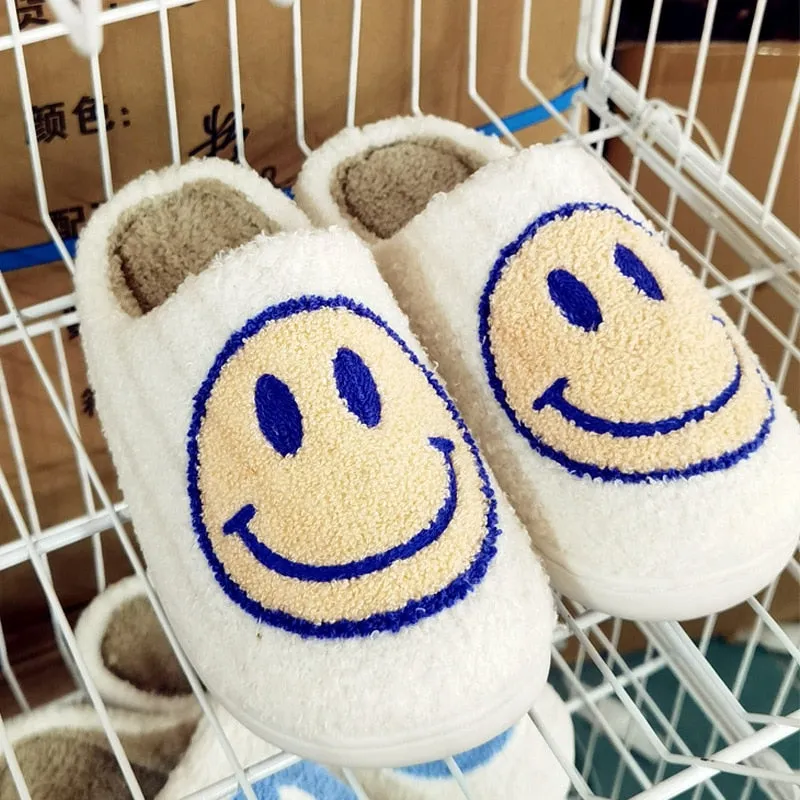 Amozae-- 2024 Blue Smiley Slippers Women Smile Slippers Happy Face Slippers Retro Smiley Face Soft Plush Warm Fuzzy Slippers for Men