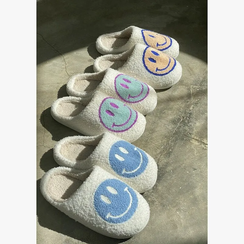 Amozae-- 2024 Blue Smiley Slippers Women Smile Slippers Happy Face Slippers Retro Smiley Face Soft Plush Warm Fuzzy Slippers for Men