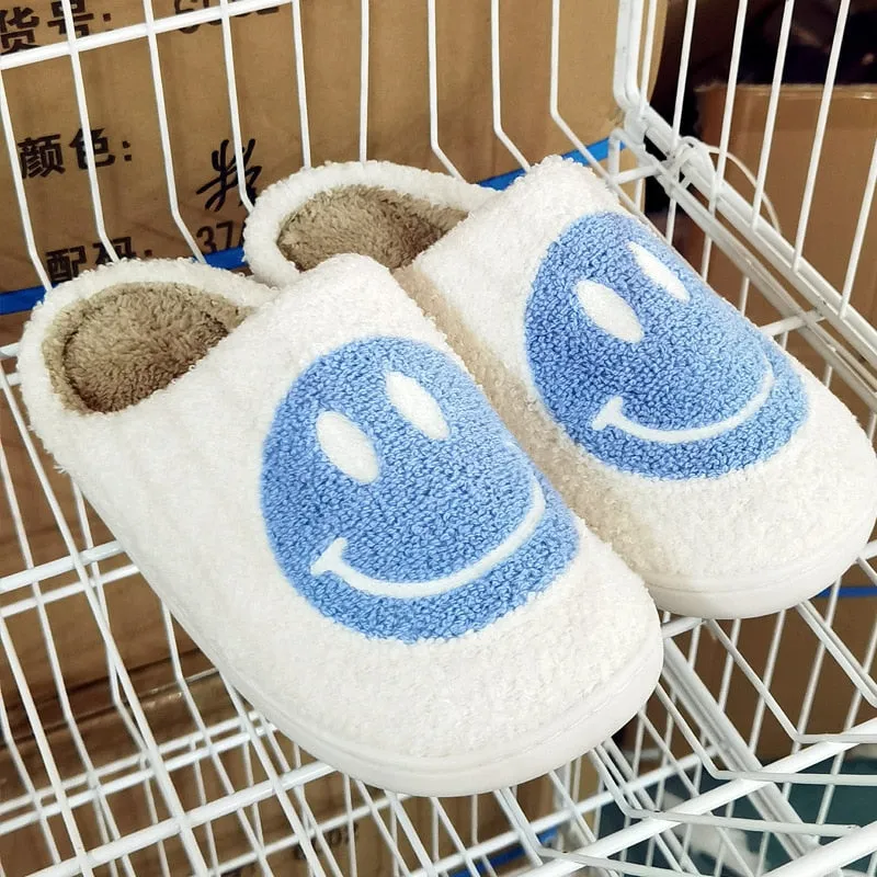 Amozae-- 2024 Blue Smiley Slippers Women Smile Slippers Happy Face Slippers Retro Smiley Face Soft Plush Warm Fuzzy Slippers for Men