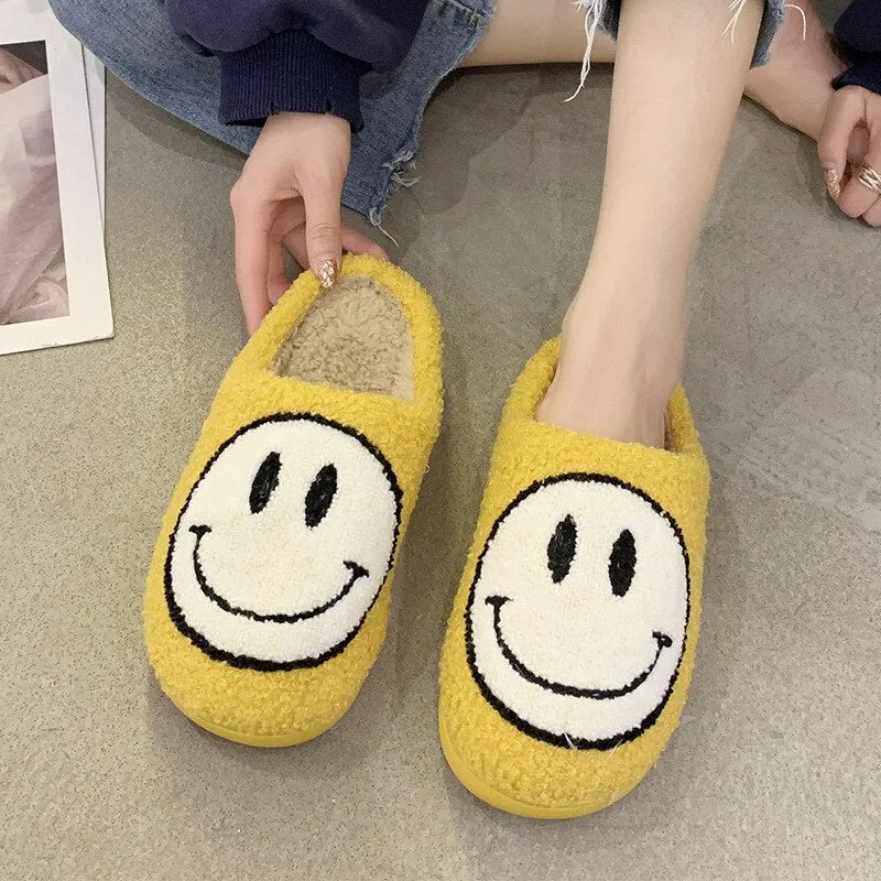 Amozae-- 2024 Blue Smiley Slippers Women Smile Slippers Happy Face Slippers Retro Smiley Face Soft Plush Warm Fuzzy Slippers for Men