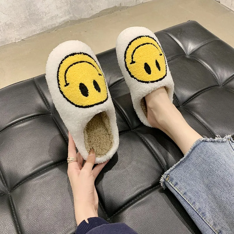 Amozae-- 2024 Blue Smiley Slippers Women Smile Slippers Happy Face Slippers Retro Smiley Face Soft Plush Warm Fuzzy Slippers for Men