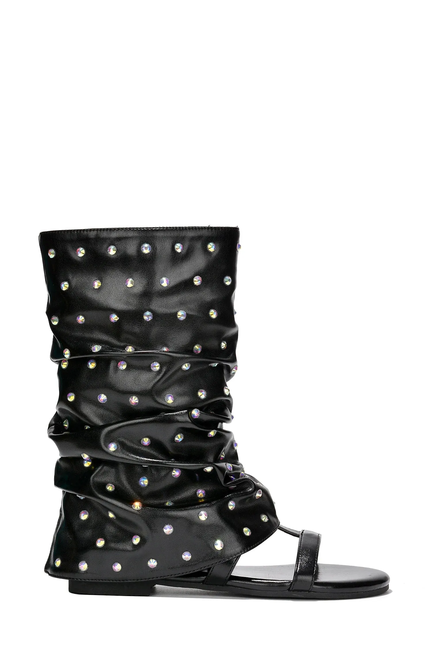 Black Rhinestone Legging Boots Flat Sandals