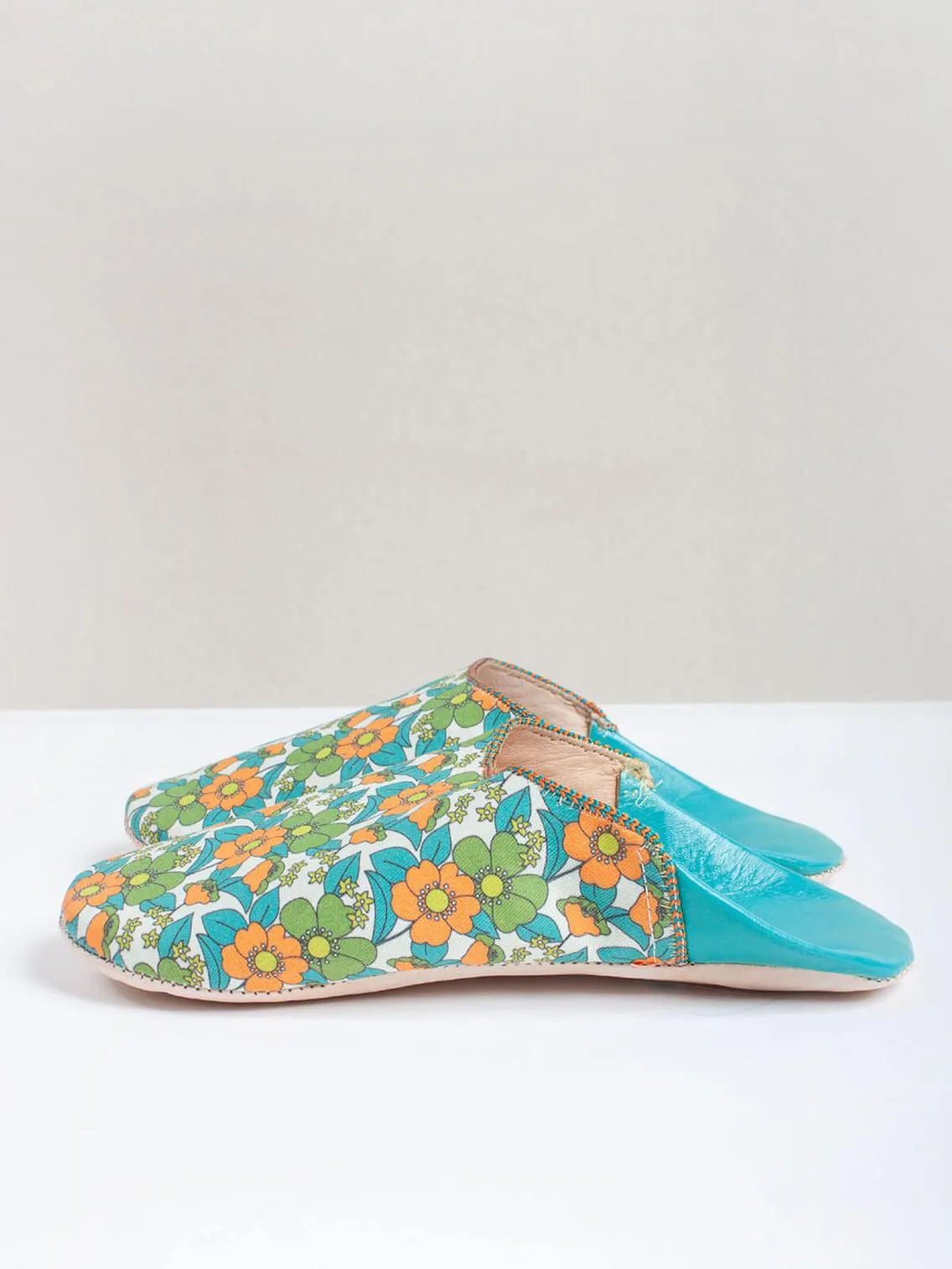 Bohemia Floral Fabric Babouche Slippers, Aqua Floral