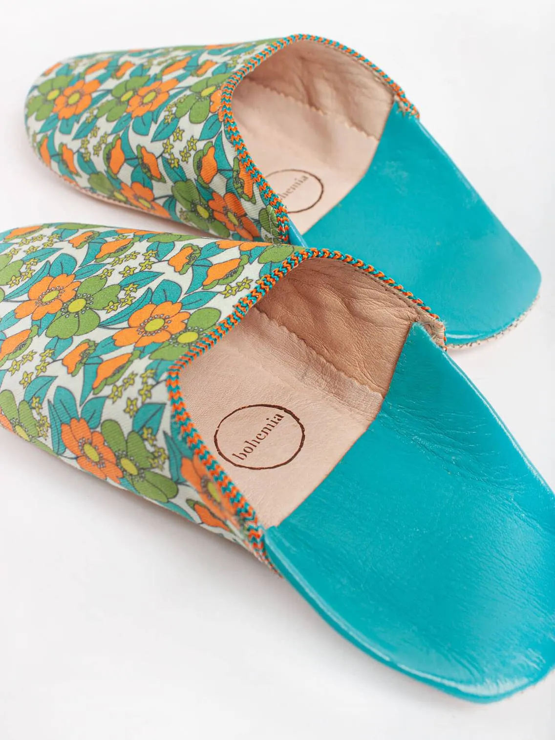 Bohemia Floral Fabric Babouche Slippers, Aqua Floral