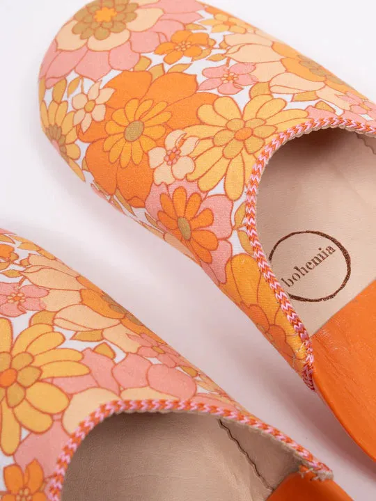 Bohemia Floral Fabric Babouche Slippers, Tangerine