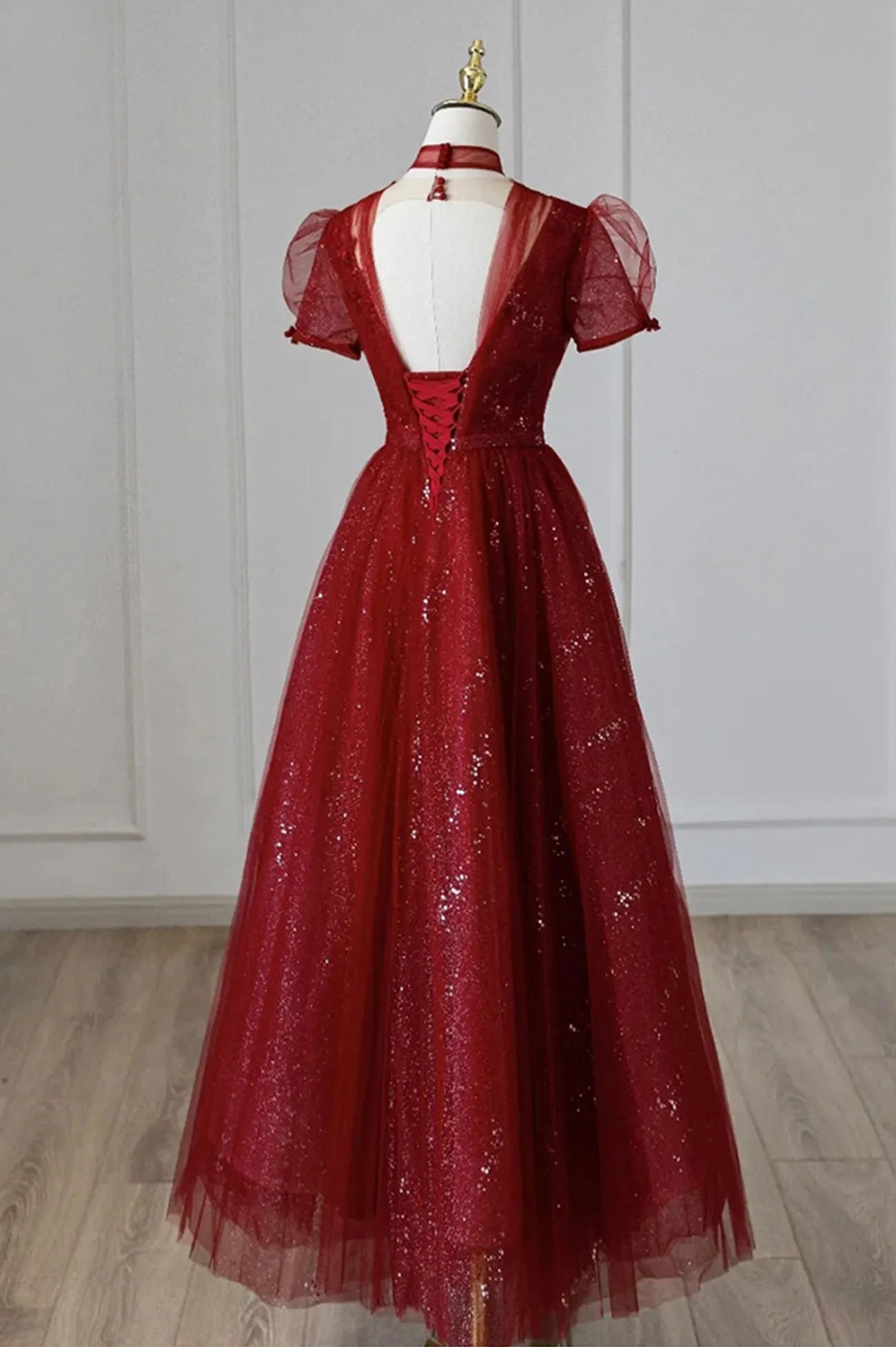 Burgundy Tulle Sequins Tea Length Prom Dress A-Line Evening Dress