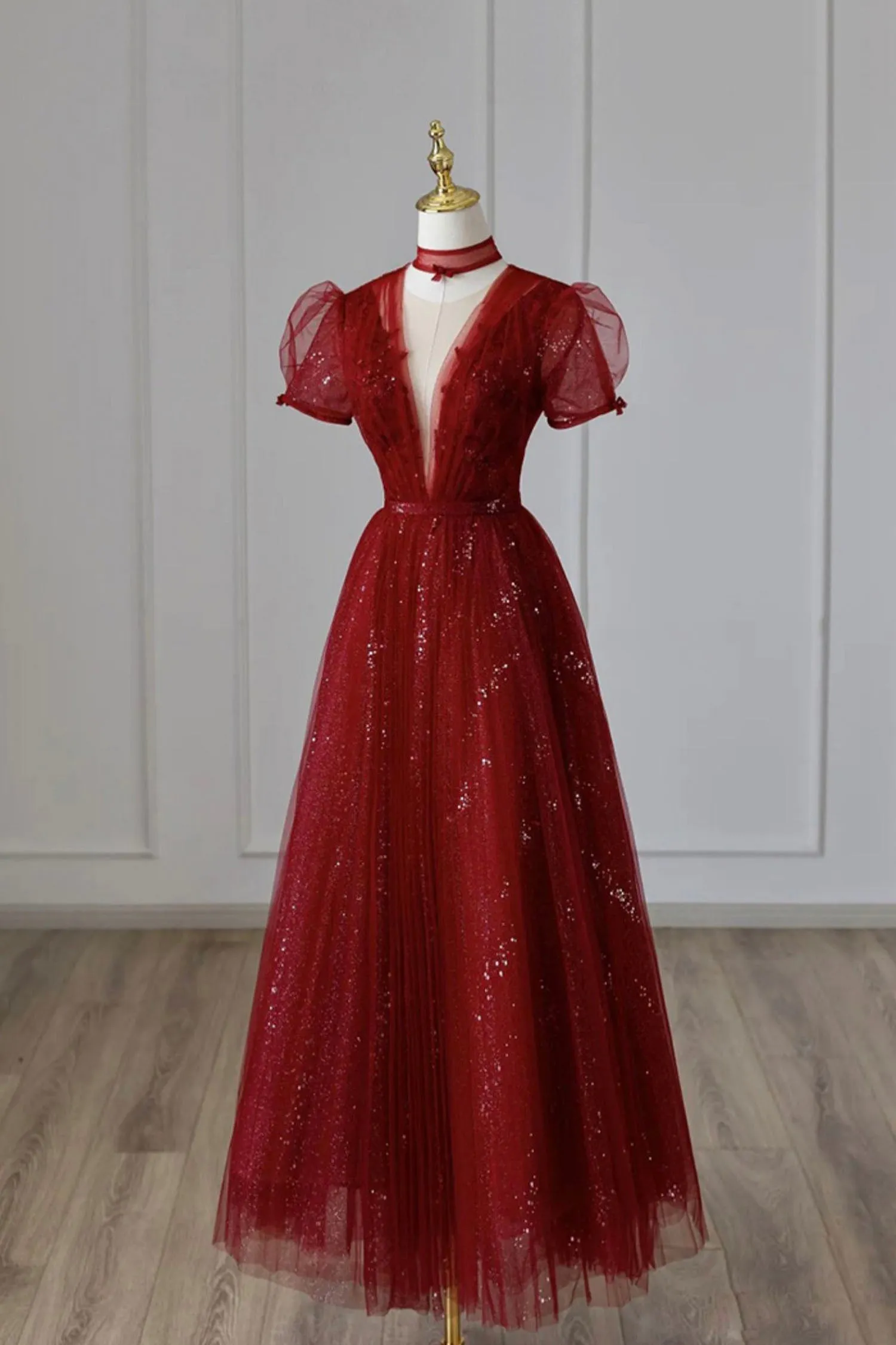 Burgundy Tulle Sequins Tea Length Prom Dress A-Line Evening Dress