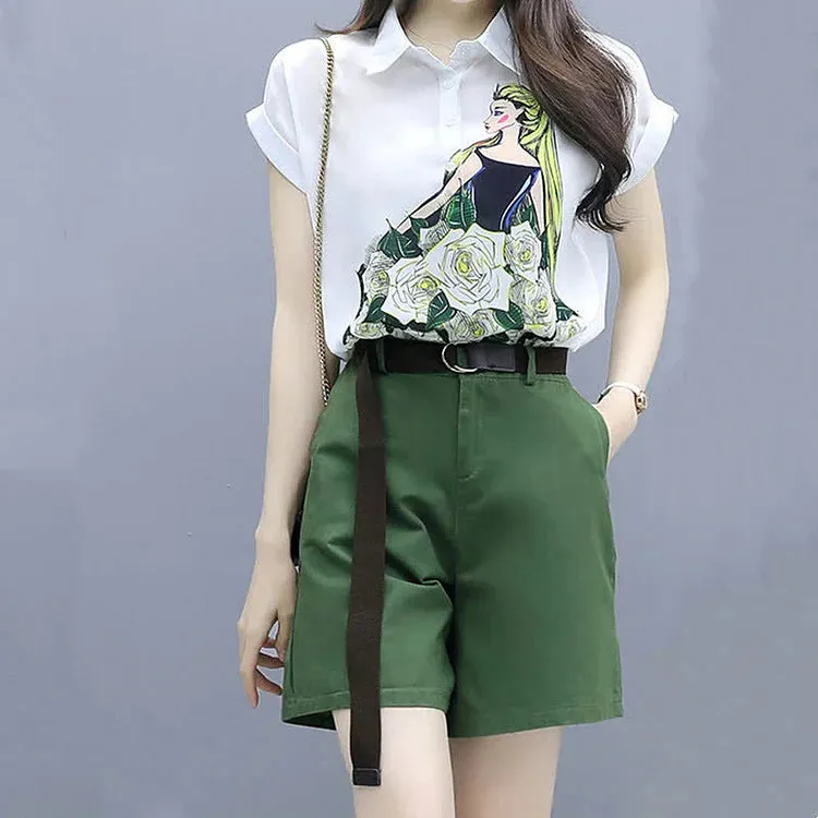 Chic Blossom Girl Print Chiffon T-Shirt Casual Shorts