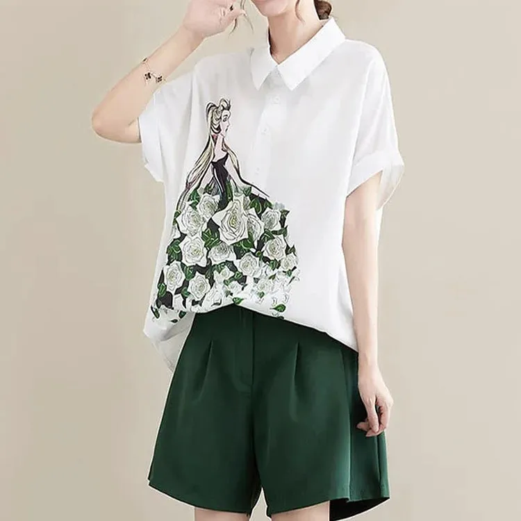 Chic Blossom Girl Print Chiffon T-Shirt Casual Shorts