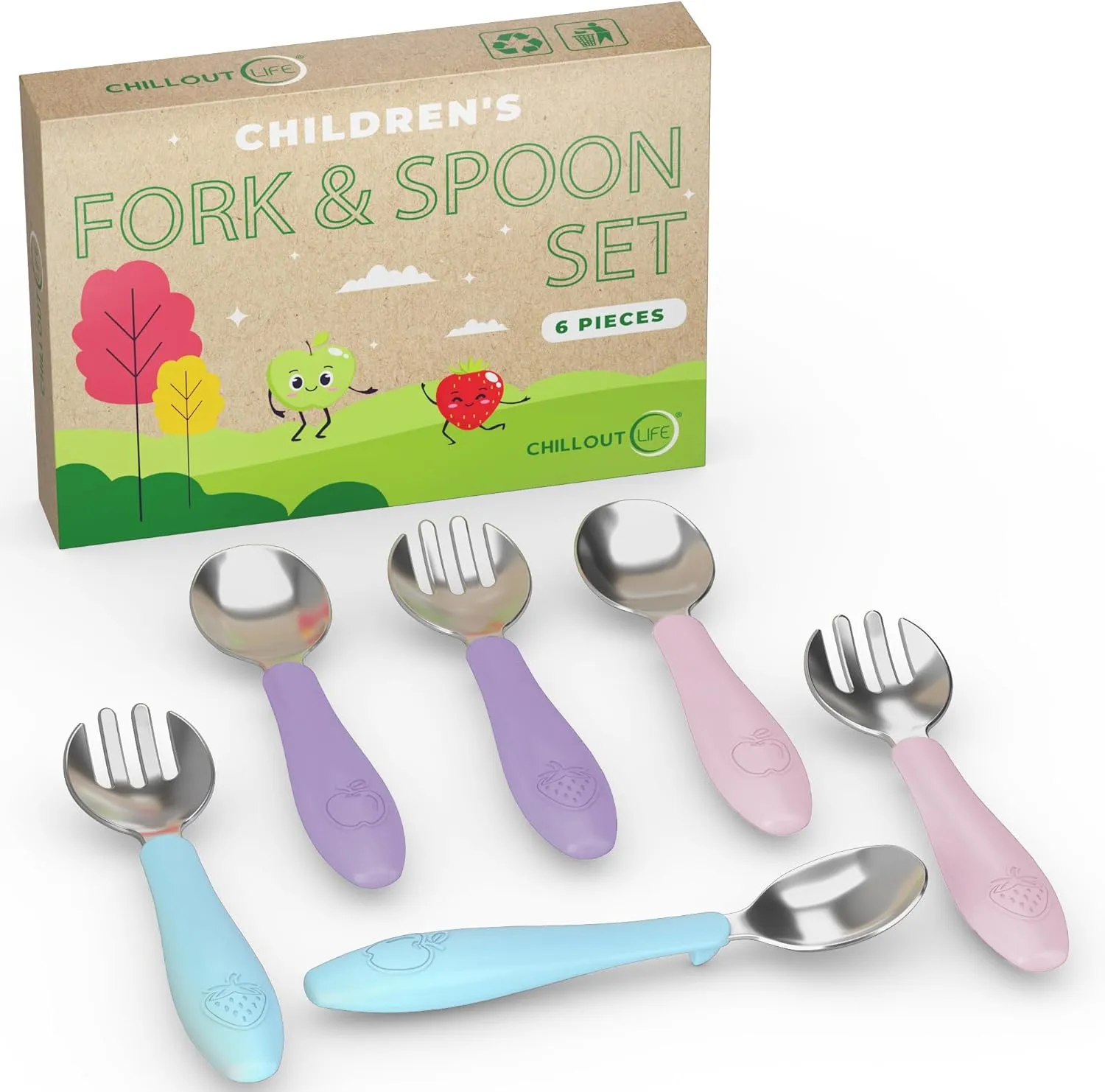 CHILLOUT LIFE Toddler Utensils Set, Kids Silverware with Silicone Handle, Stainless Steel Metal Toddler Forks and Spoons Safe Baby Cutlery for Self Feeding - 12 Pieces