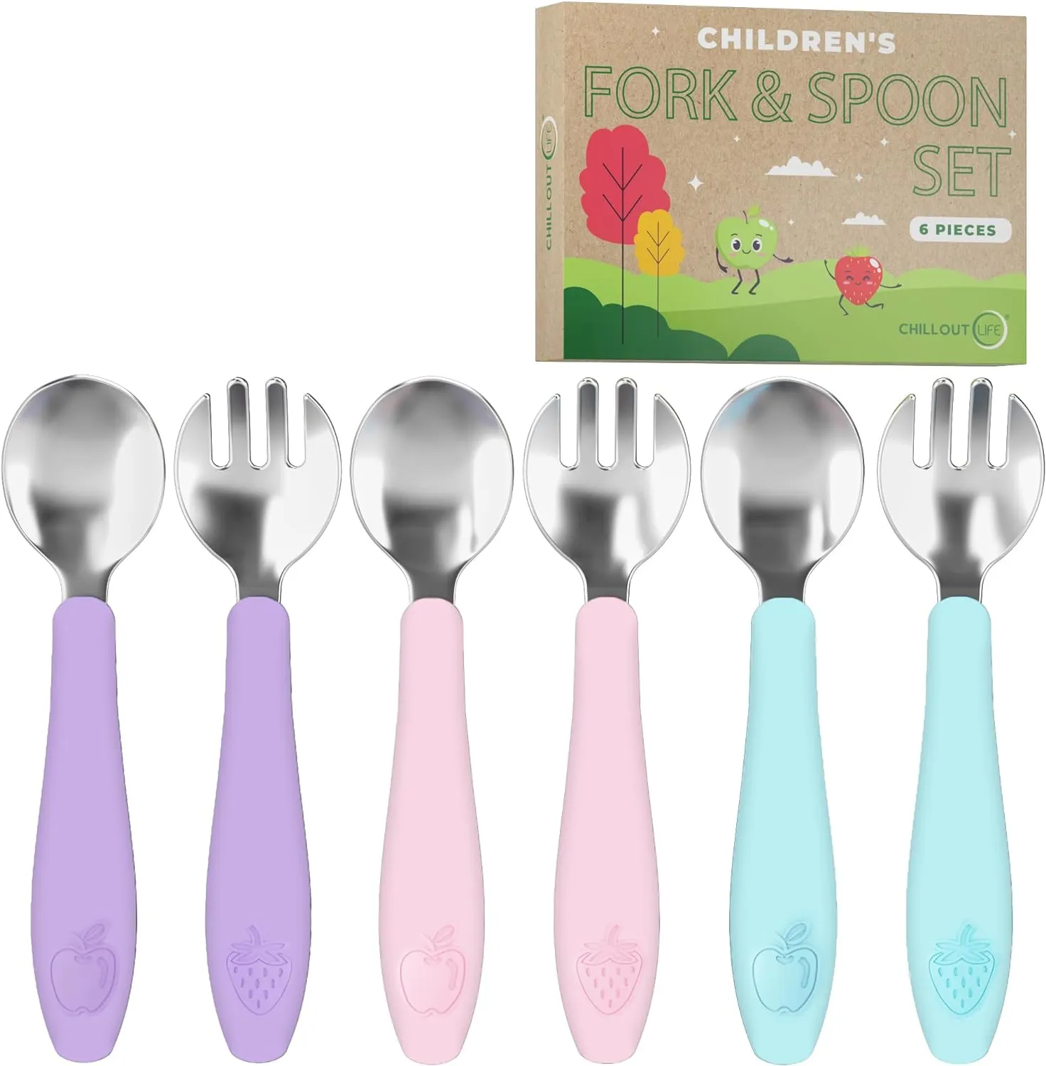 CHILLOUT LIFE Toddler Utensils Set, Kids Silverware with Silicone Handle, Stainless Steel Metal Toddler Forks and Spoons Safe Baby Cutlery for Self Feeding - 12 Pieces