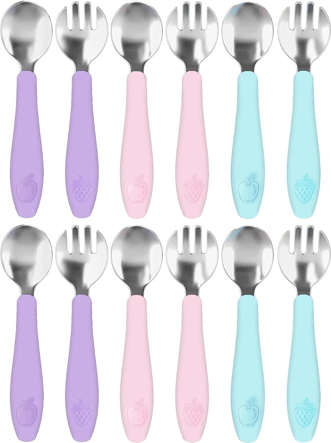 CHILLOUT LIFE Toddler Utensils Set, Kids Silverware with Silicone Handle, Stainless Steel Metal Toddler Forks and Spoons Safe Baby Cutlery for Self Feeding - 12 Pieces