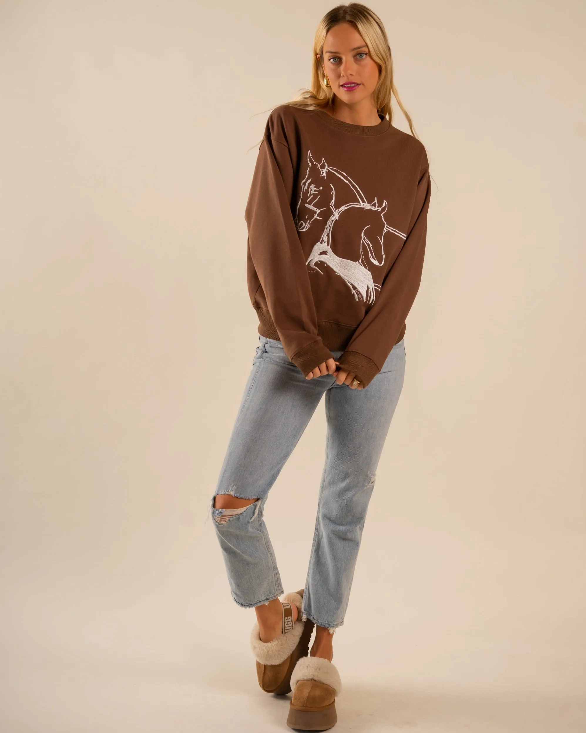 Classic Embroidered Sweatshirt Horses Embrace - Rawhide