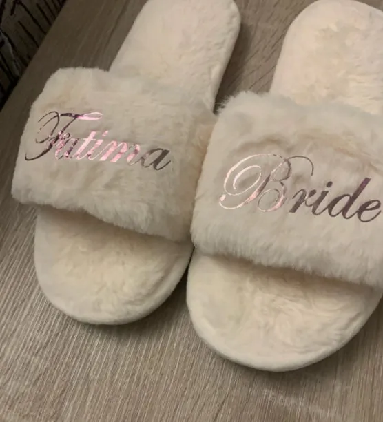 Custom Bride Bridesmaid Slippers Fluffy | Bachelorette Party | Personalized Gifts | Wedding Gifts | Bridesmaid Gifts | Bridal Shower