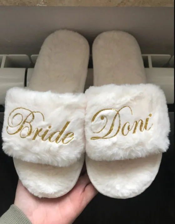 Custom Bride Bridesmaid Slippers Fluffy | Bachelorette Party | Personalized Gifts | Wedding Gifts | Bridesmaid Gifts | Bridal Shower