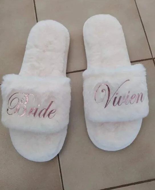 Custom Bride Bridesmaid Slippers Fluffy | Bachelorette Party | Personalized Gifts | Wedding Gifts | Bridesmaid Gifts | Bridal Shower