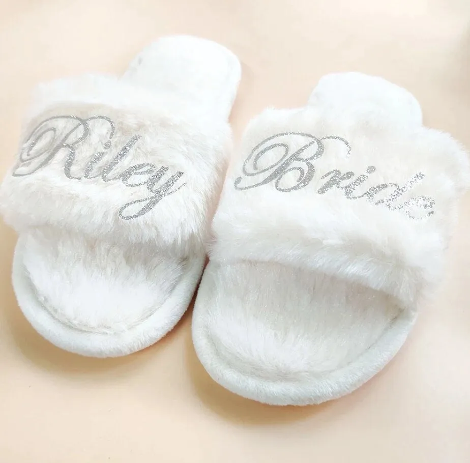 Custom Bride Bridesmaid Slippers Fluffy | Bachelorette Party | Personalized Gifts | Wedding Gifts | Bridesmaid Gifts | Bridal Shower