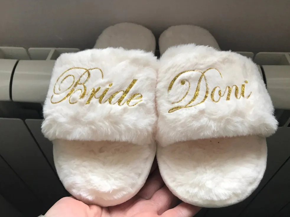 Custom Bride Bridesmaid Slippers Fluffy | Bachelorette Party | Personalized Gifts | Wedding Gifts | Bridesmaid Gifts | Bridal Shower