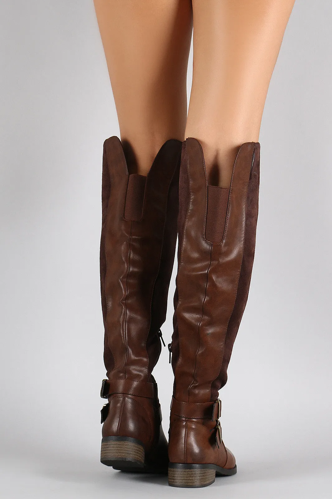 Double Buckle Suede Contrast Riding Knee High Boots