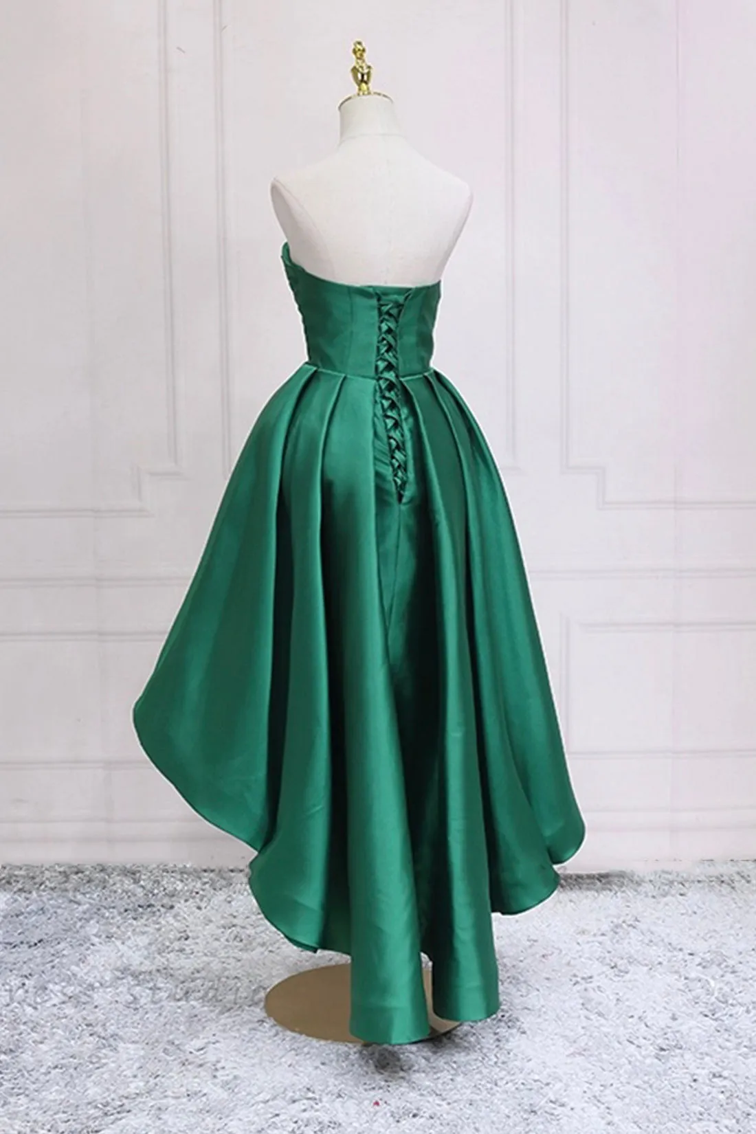 Green Satin High Low Prom Dress, Cute Sweetheart Neck Evening Party Dress