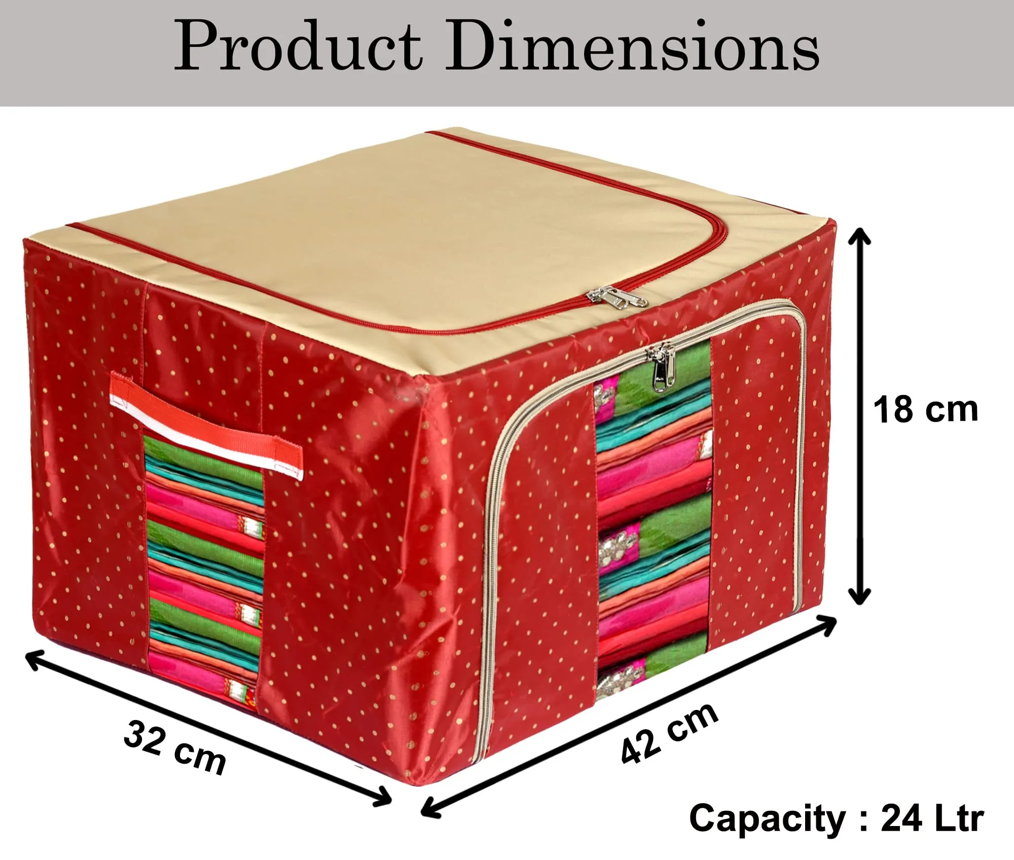 Heart Home Dot Printed Steel Frame Storage Box/Organizer For Clothing, Blankets, Bedding With Clear Window, 24Ltr. (Maroon & Brown)-44HH0225