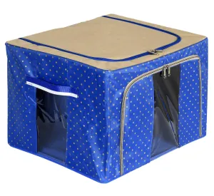 Heart Home Dot Printed Steel Frame Storage Box/Organizer For Clothing, Blankets, Bedding With Clear Window, 44Ltr. (Blue & Brown)-44HH0233