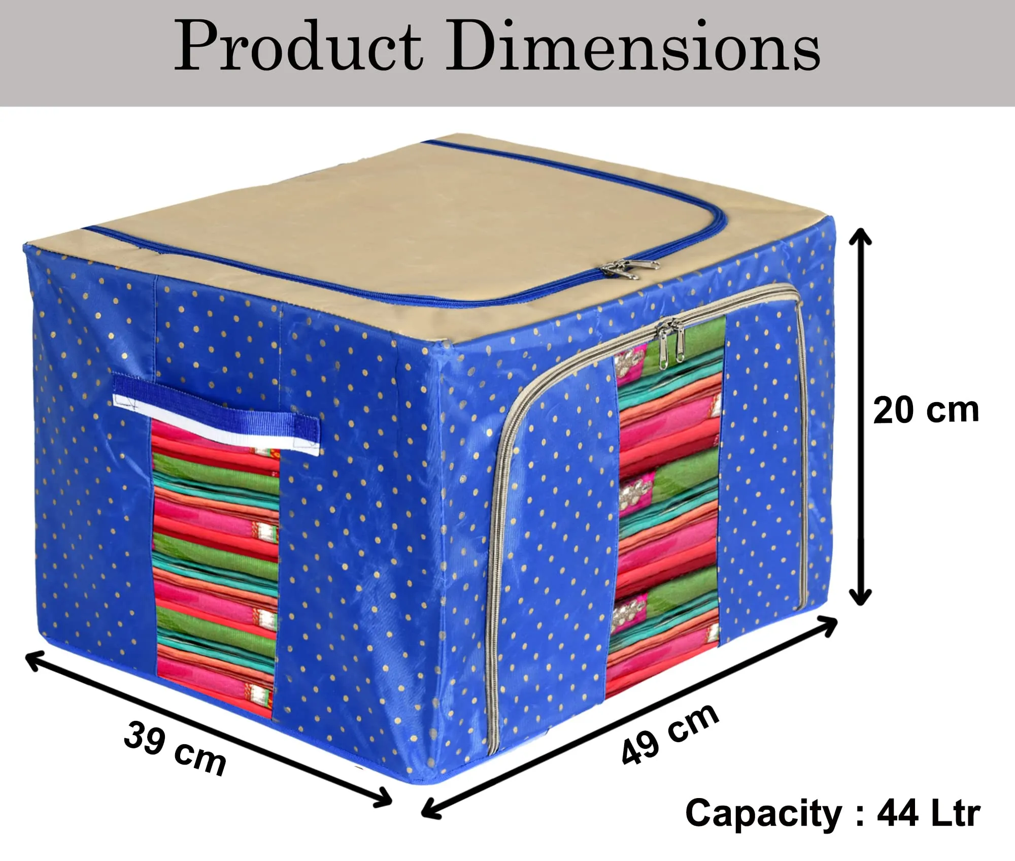 Heart Home Dot Printed Steel Frame Storage Box/Organizer For Clothing, Blankets, Bedding With Clear Window, 44Ltr. (Blue & Brown)-44HH0233