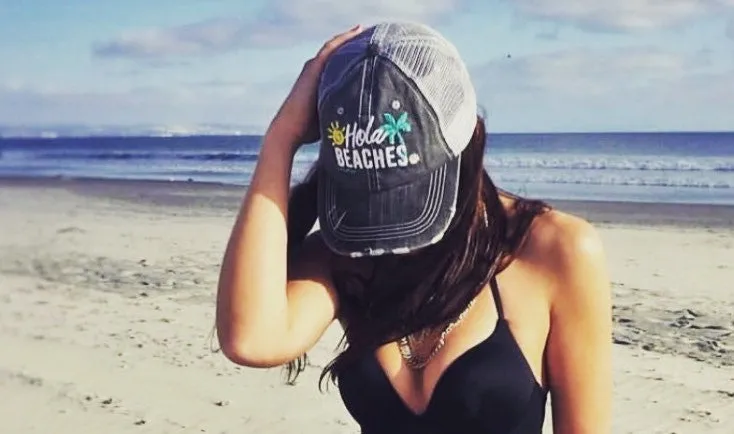 Hola beaches hats! | Womens embroidered trucker cap | Personalize | Beach hats | Cute palm trees, sunshine, waves and seashell | Girls weekend accessories.