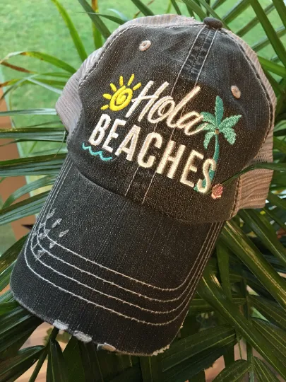 Hola beaches hats! | Womens embroidered trucker cap | Personalize | Beach hats | Cute palm trees, sunshine, waves and seashell | Girls weekend accessories.