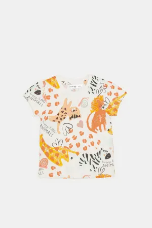 Infant Girls White Animals Printed T-Shirt