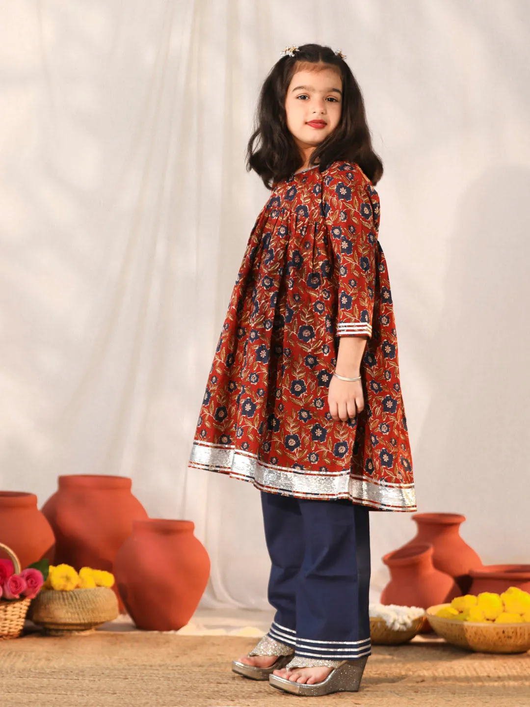 Jashvi Girls' Rust And Navy Blue Flared Kurta Palazzo Set