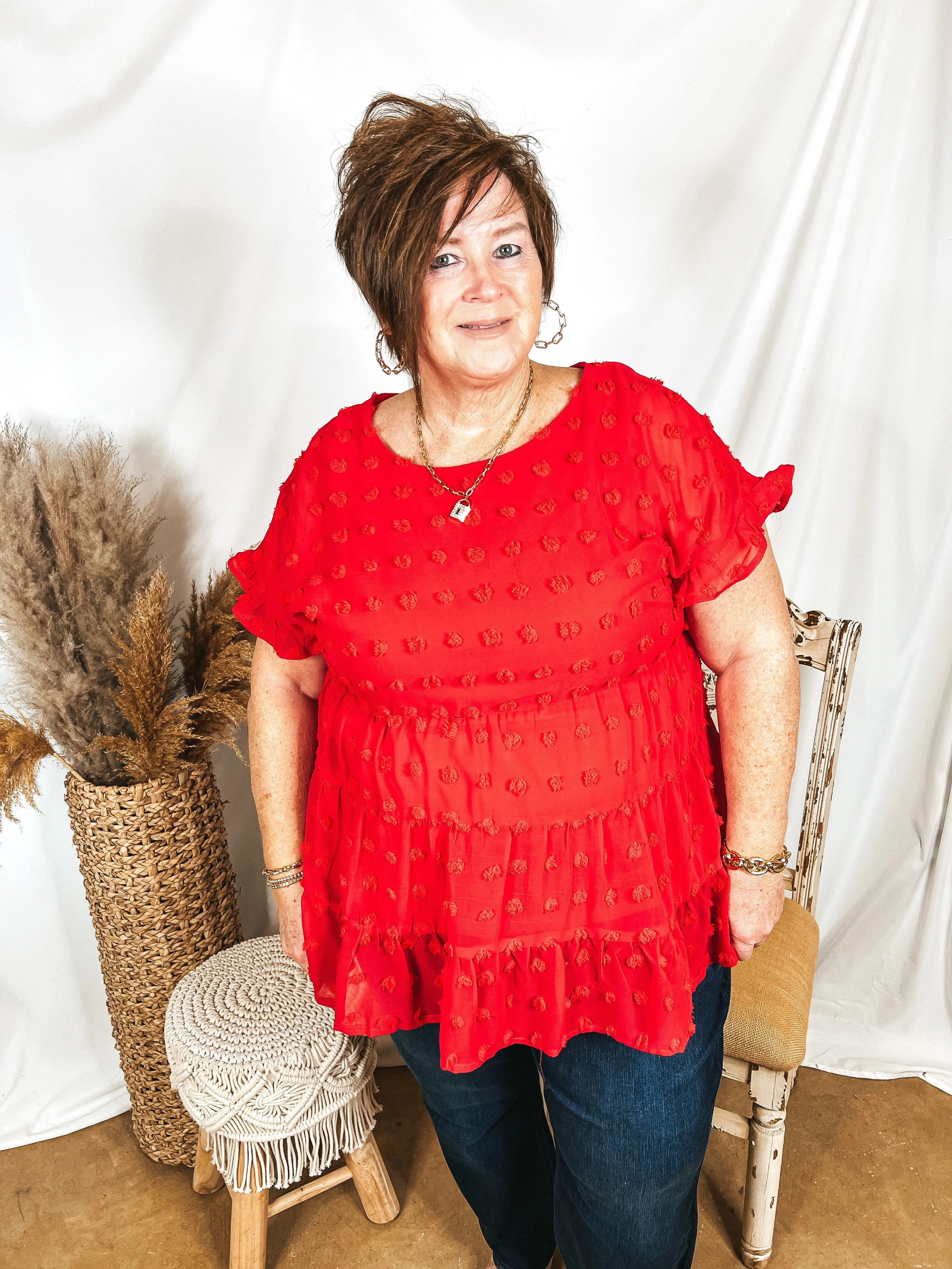 Last Chance Size Small | Such A Delight Tiered Swiss Dot Top with Ruffle Cap Sleeves in Red