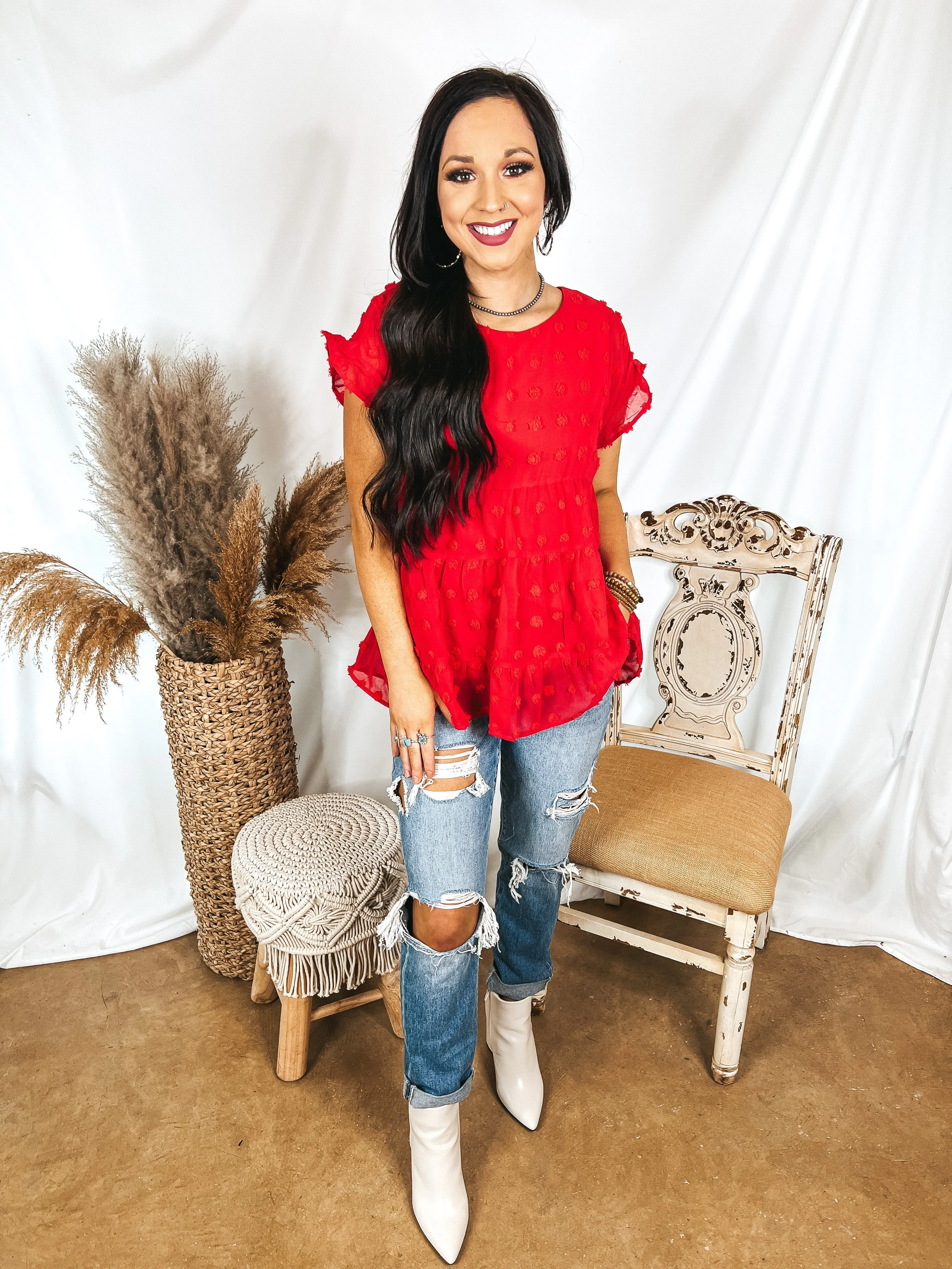 Last Chance Size Small | Such A Delight Tiered Swiss Dot Top with Ruffle Cap Sleeves in Red