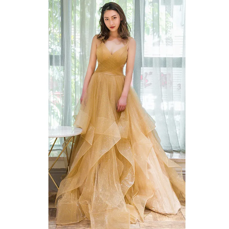 Light Champagne V-neckline Layers Straps Shiny Tulle Party Dress, Champagne Evening Gown Formal Dress