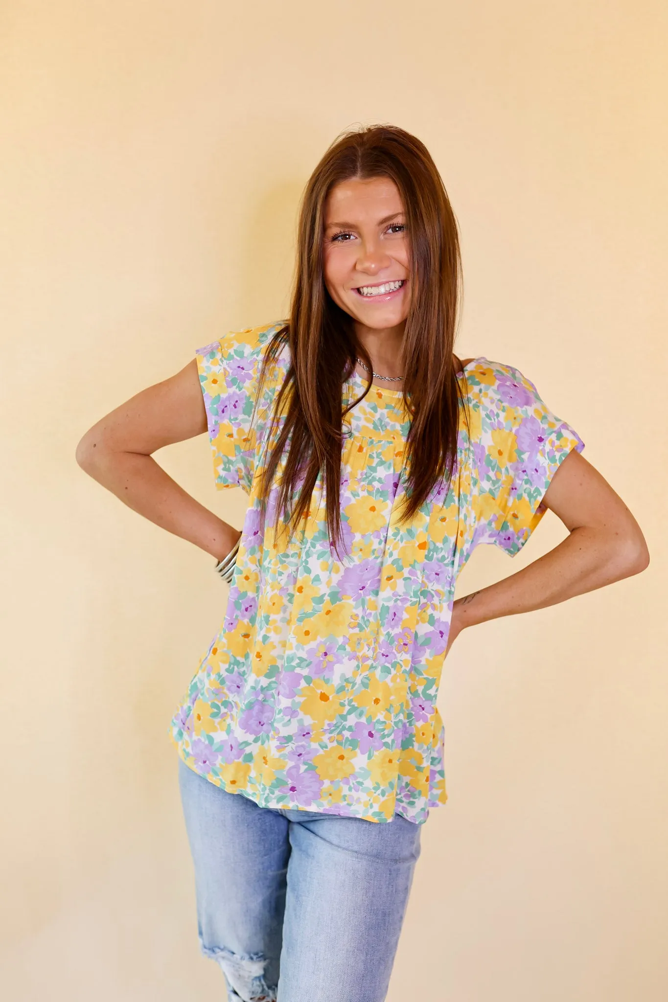 Memorable Meeting Floral Top with Short Sleeves in Purple and Yellow